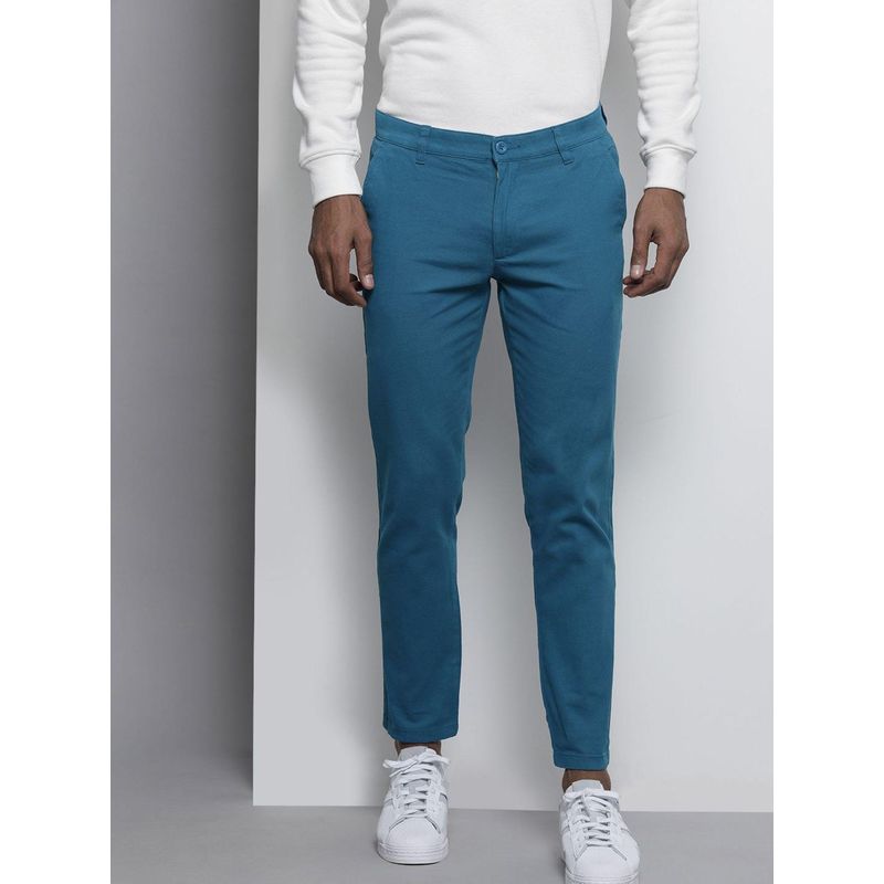 The Indian Garage Co Men Slim Fit Mid-Rise Solid Blue Chinos (32)