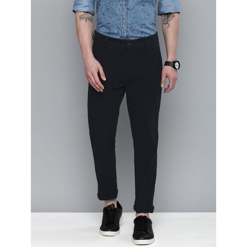 The Indian Garage Co Men Slim Fit Mid-Rise Solid Navy Blue Chinos (32)
