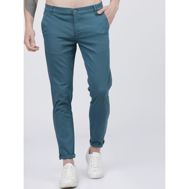 The Indian Garage Co Men Slim Fit Mid-Rise Solid Teal Chinos (36)