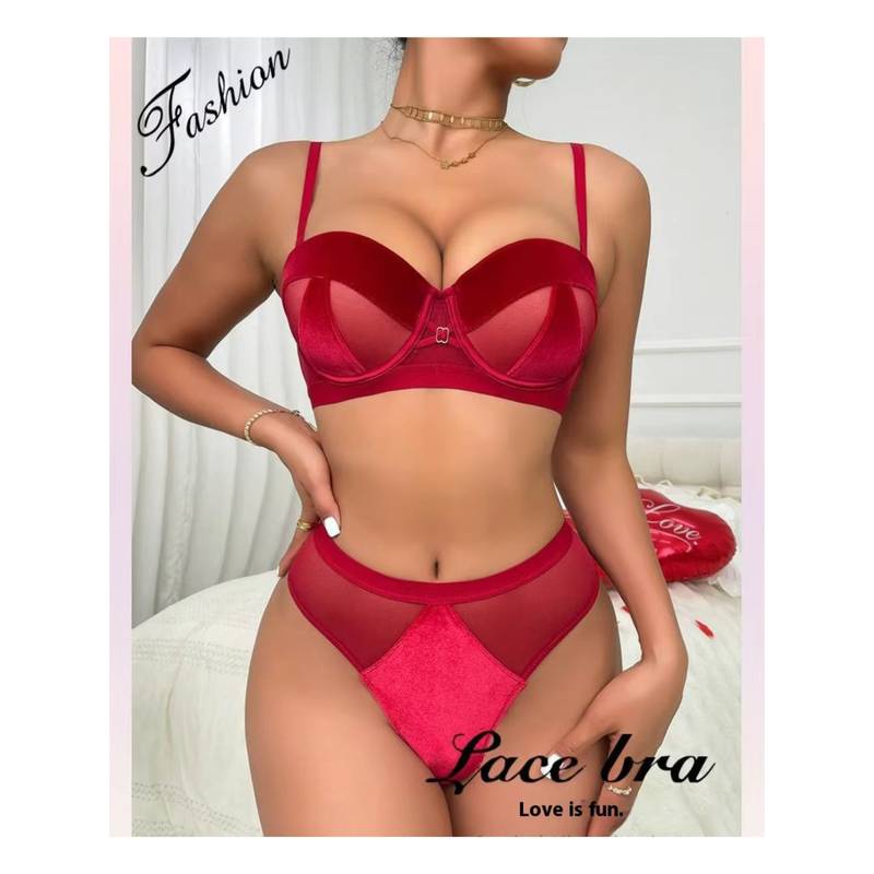 BRACHY Bridal Maroon Velvet Padded Push-Up Bra Lingerie Bra and Briefs (34)