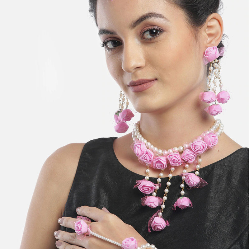 YouBella Pink White Beaded Floral Jewellery Set With Maang Tika Ring