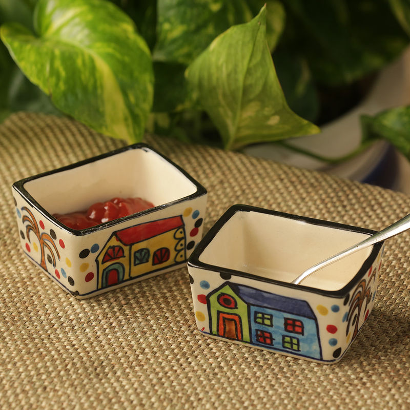 ExclusiveLane 'Two Dips Of Hut' Hand Painted Ceramic Chutney Pickle Bowls Set Of 2