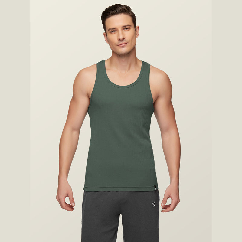 XYXX Mens Super Combed Cotton Round Neck Ribbed Vest Olive (S)