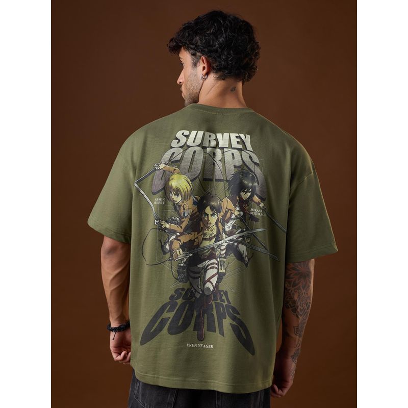 The Souled Store Official Attack On Titan: Survey Corps Men Green Oversized T-Shirt (3XL)