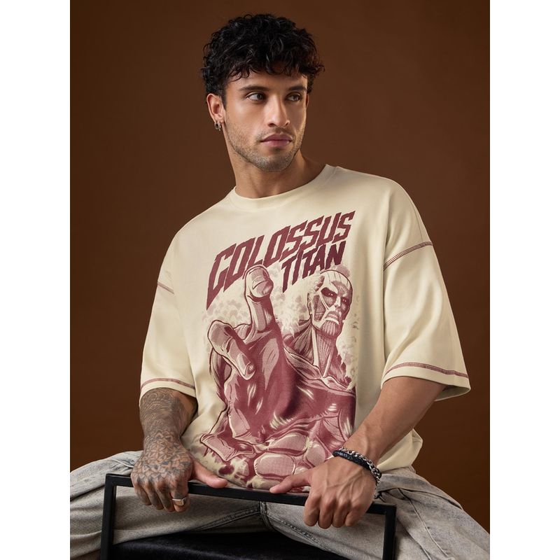 The Souled Store Official Attack On Titan: Colossus Men Cream Oversized T-Shirt (S)