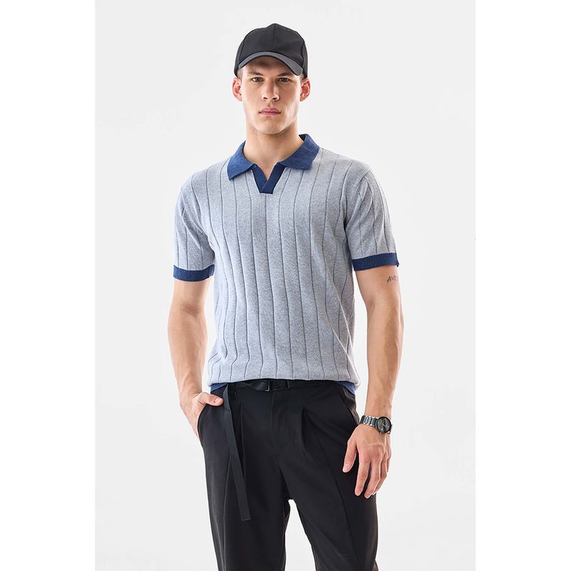 Snitch Men Grey Solid Collar Neck Polo T-Shirt (XL)