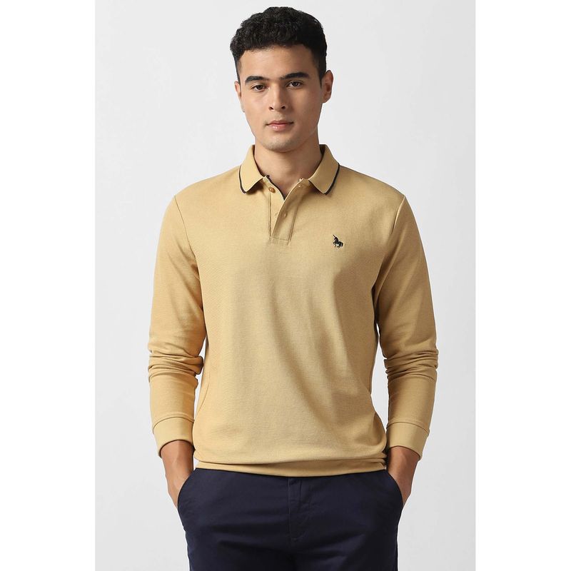 Van Heusen Men Beige Solid Collar Neck Polo T-Shirt (XL)