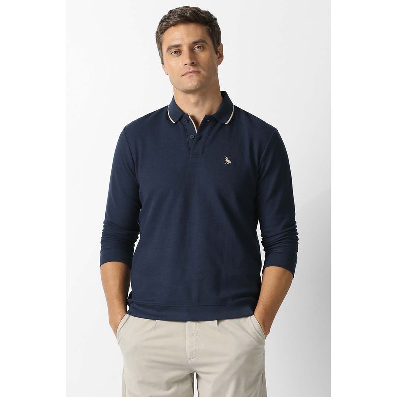 Van Heusen Men Navy Blue Solid Collar Neck Polo T-Shirt (XL)