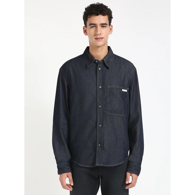 Calvin Klein Blue Solid Regular Fit Denim Shirt (S)