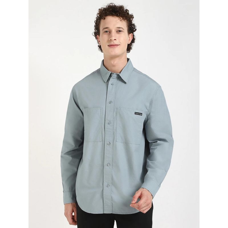 Calvin Klein Blue Solid Relaxed Fit Cotton Shirt (L)