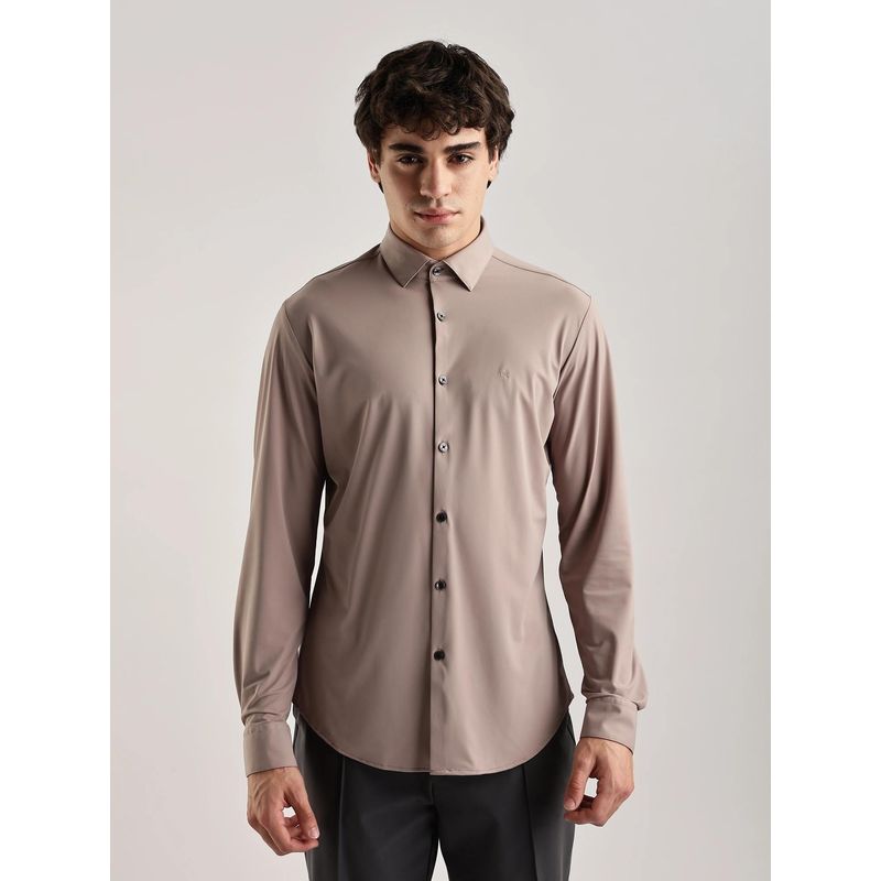Calvin Klein Beige Solid Slim Fit Woven Shirt (38)