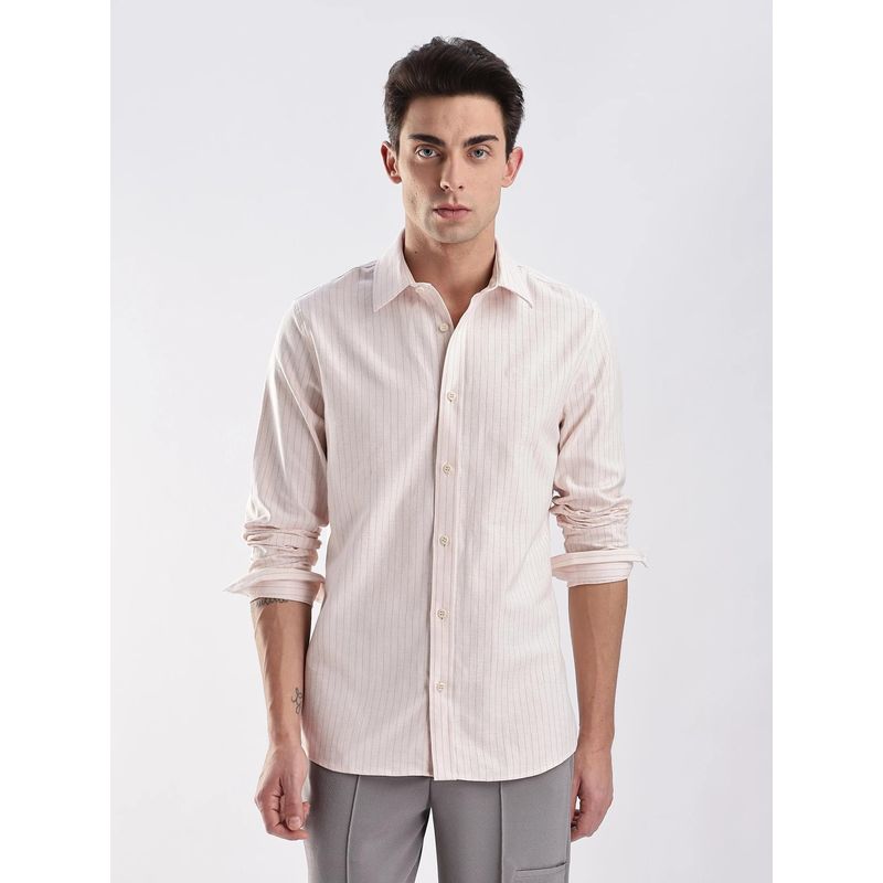 Calvin Klein Beige Striped Slim Fit Twill Woven Shirt (S)