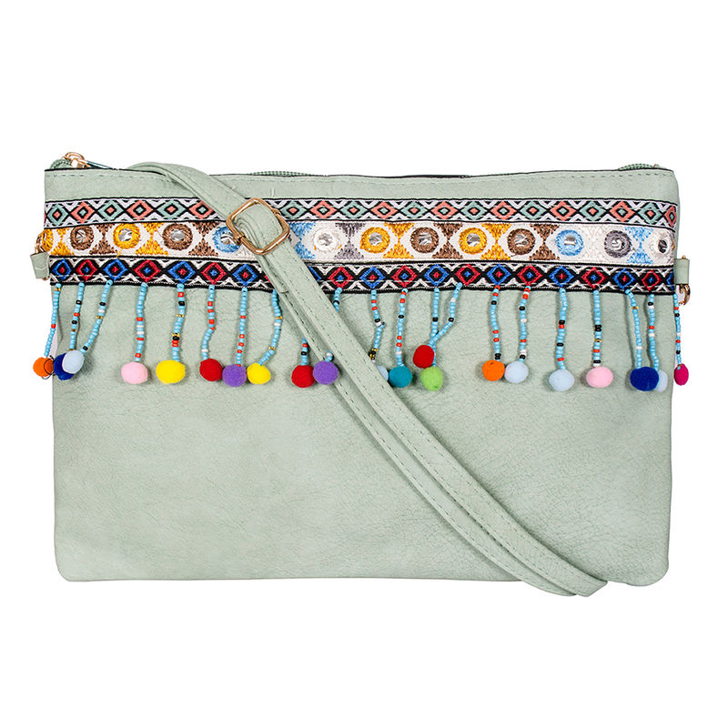 Ayesha Trendy Peach Sling Bag With Colorful Pom Poms For Girls, Women