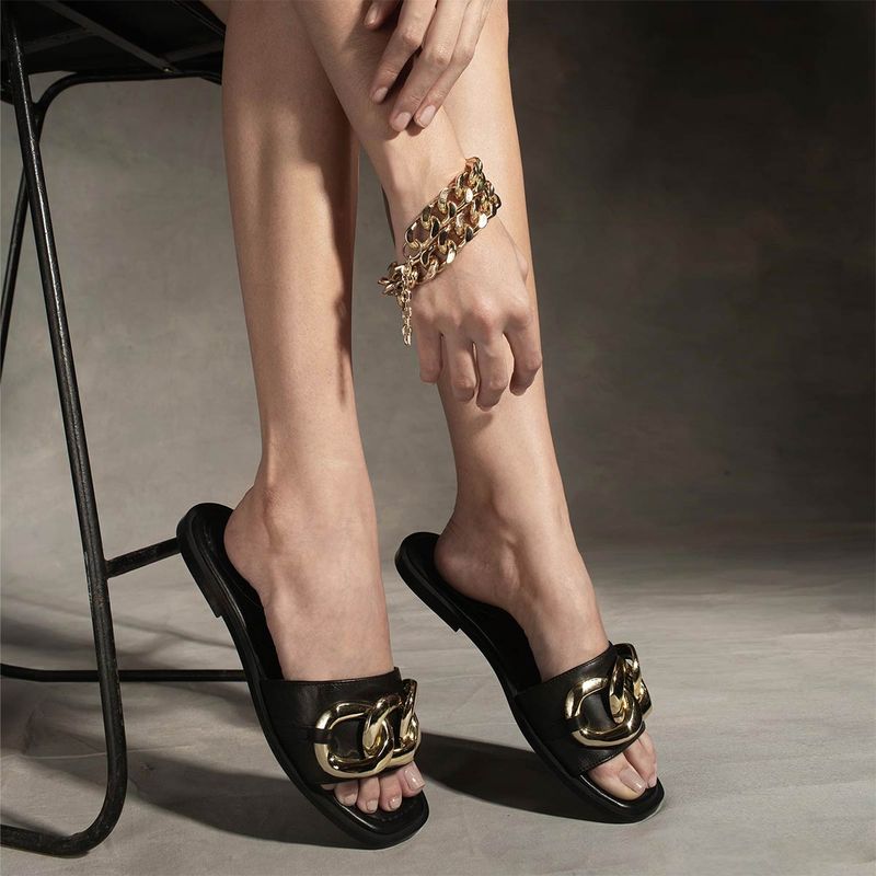 Saint G Black Leather Gold Chain Embellished Slides (EURO 36)