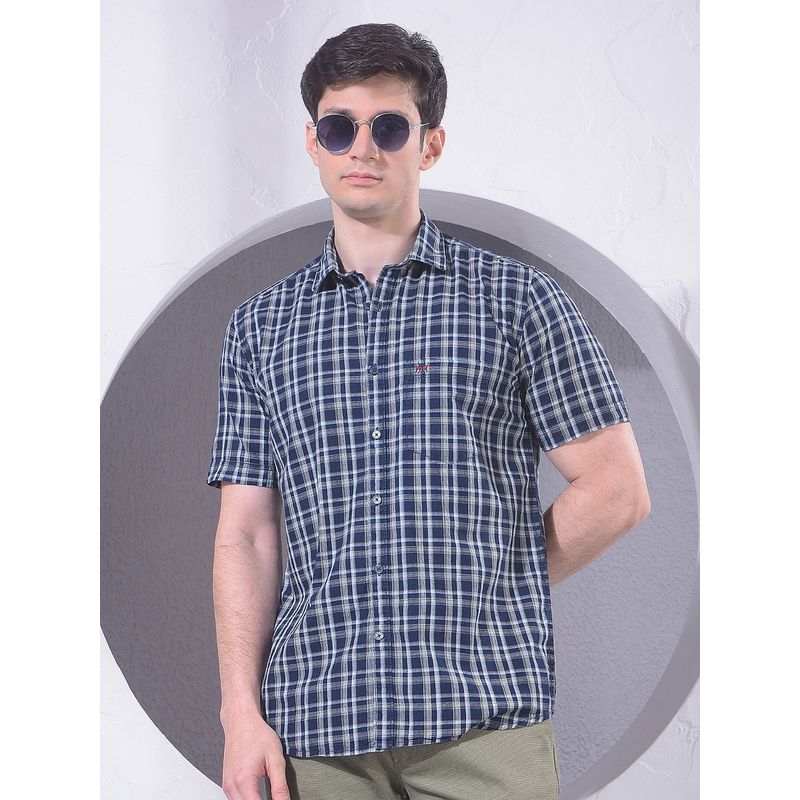 CRIMSOUNE CLUB Men Checked Navy Blue Cotton Shirt (M)