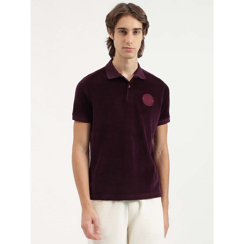 United Colors of Benetton Relaxed Fit Solid Badge Velour Wine Polo T-Shirt (S)