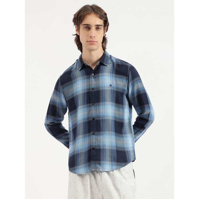 United Colors of Benetton Regular Fit Spread Collar Shadow Check Tencel Blue Casual Shirt (XL)