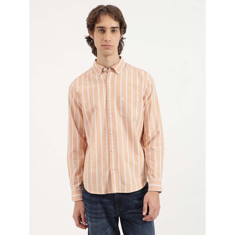 United Colors of Benetton Regular Fit Button Down Collar Striped Oxford Peach Casual Shirt (XL)