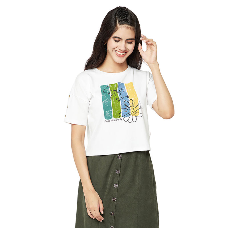 CRIMSOUNE CLUB Women White Printed Round Neck T-Shirt (L)