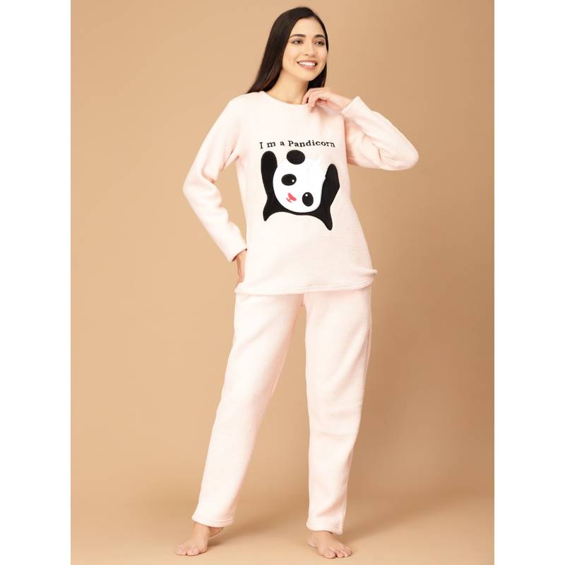 Sweet Dreams Women Applique Round NeckPolar Fleece Winter Nightsuit Pink (Set of 2) (XL)
