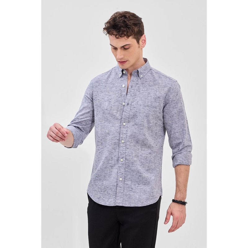 Snitch Blue Self-Design Slim Fit Linen Shirt (2XL)
