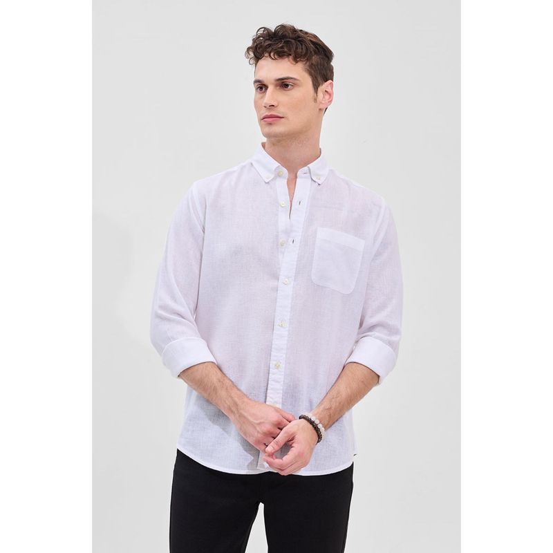 Snitch White Solid Slim Fit Linen Shirt (XL)