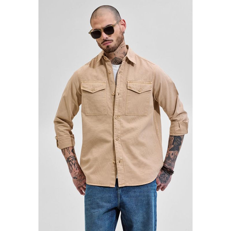 Snitch Beige Double Pocket Relaxed Fit Denim Shirt (S)