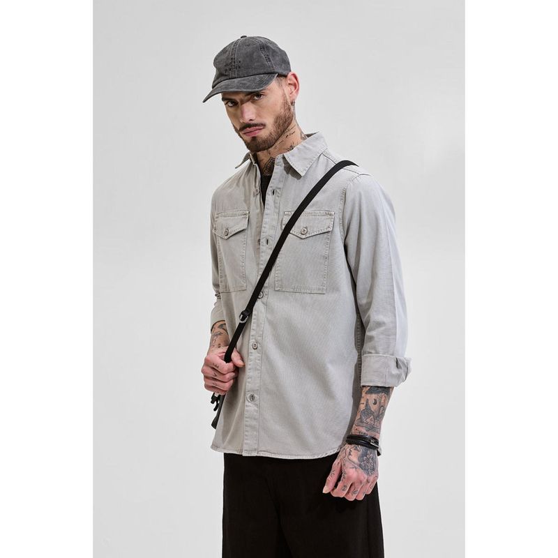 Snitch Light Grey Double Pocket Relaxed Fit Denim Shirt (L)