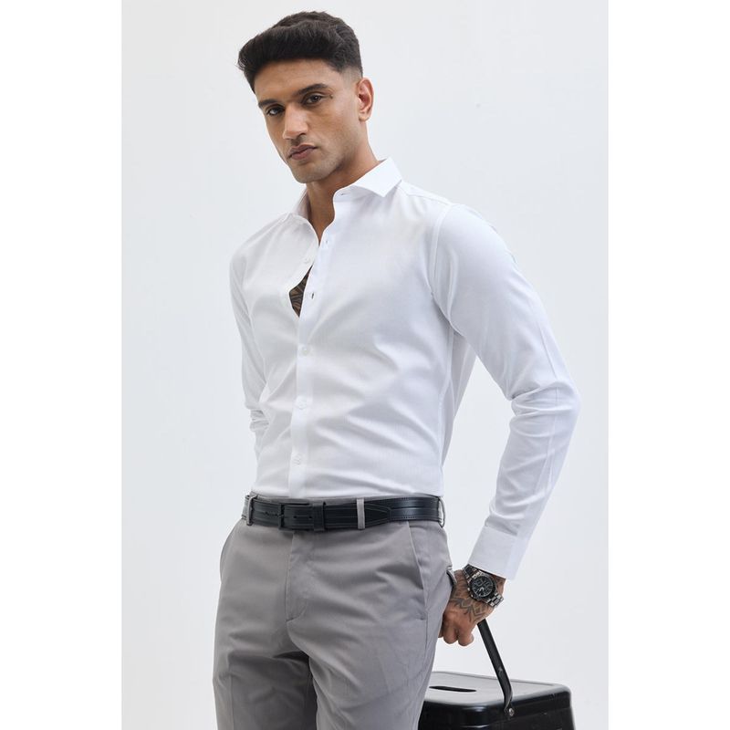 Snitch White Self-Design Giza Cotton Shirt (2XL)