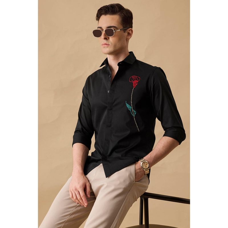 Snitch Black Embellished Slim Fit Luxe Shirt (XL)