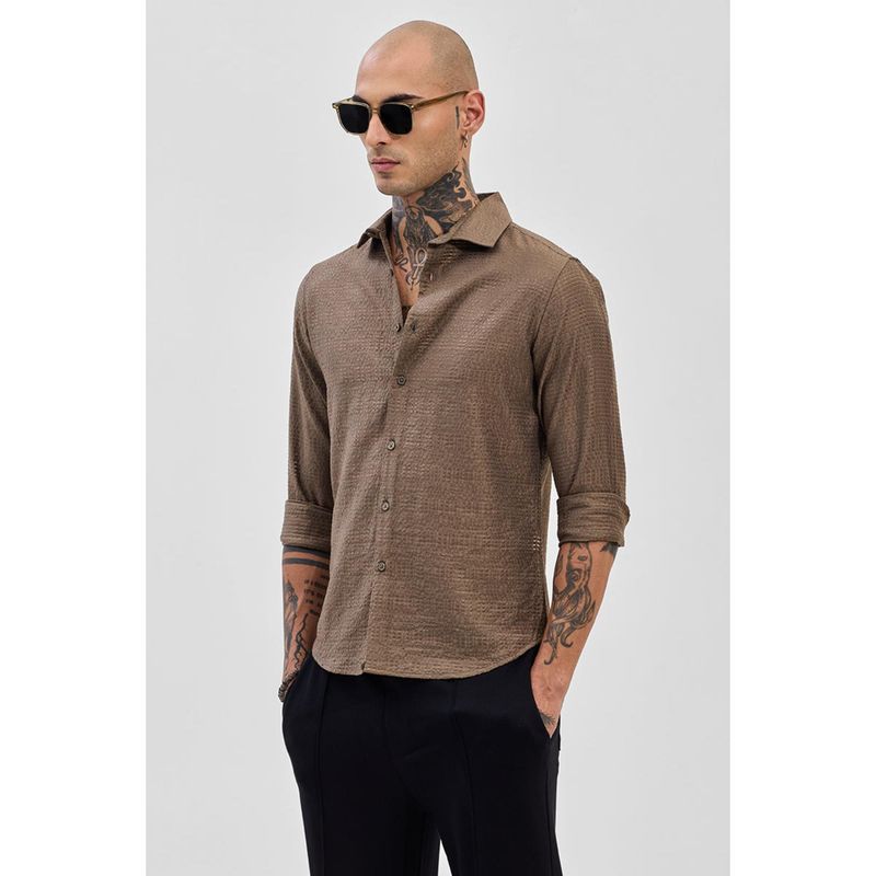 Snitch Brown Textured Slim Fit Shirt (2XL)