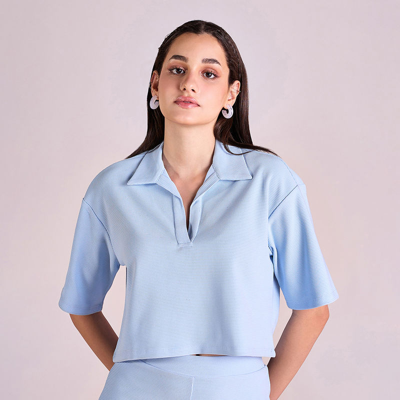 MIXT by Nykaa Fashion Baby Blue Textured Collared Crop Top (XS)