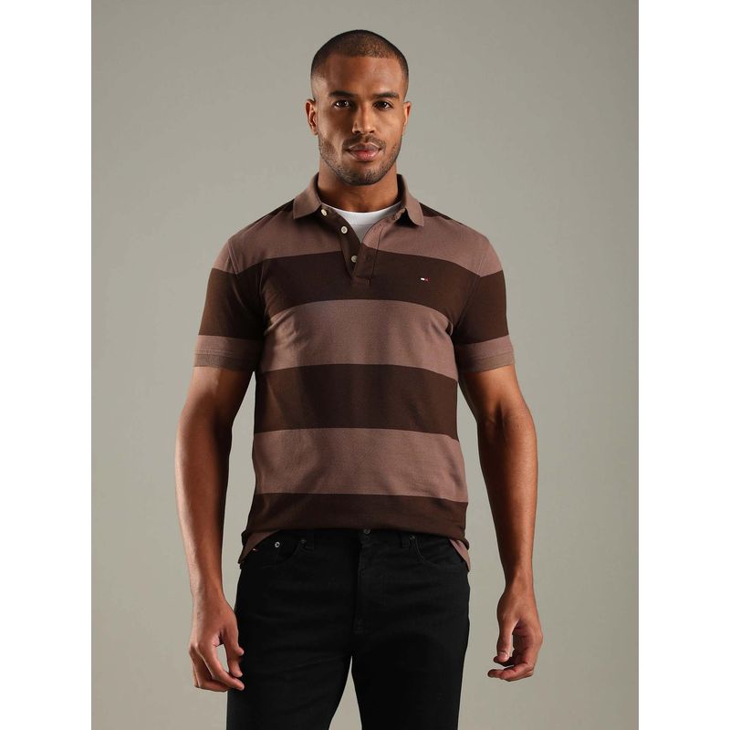 Tommy Hilfiger Brown Colorblock Slim Fit Cotton Polo T-Shirt (XS)