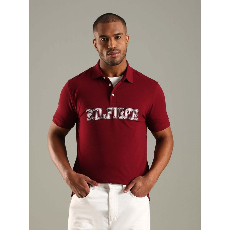 Tommy Hilfiger Burgundy Embroidered Logo Regular Fit Cotton Polo T-Shirt (L)
