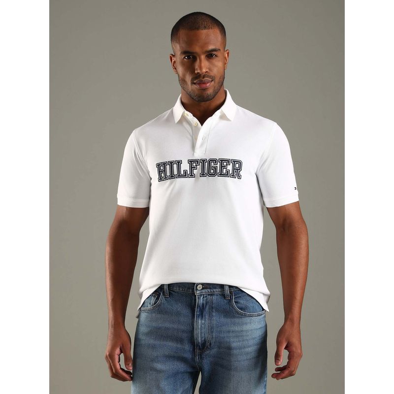 Tommy Hilfiger White Embroidered Logo Regular Fit Cotton Polo T-Shirt (M)