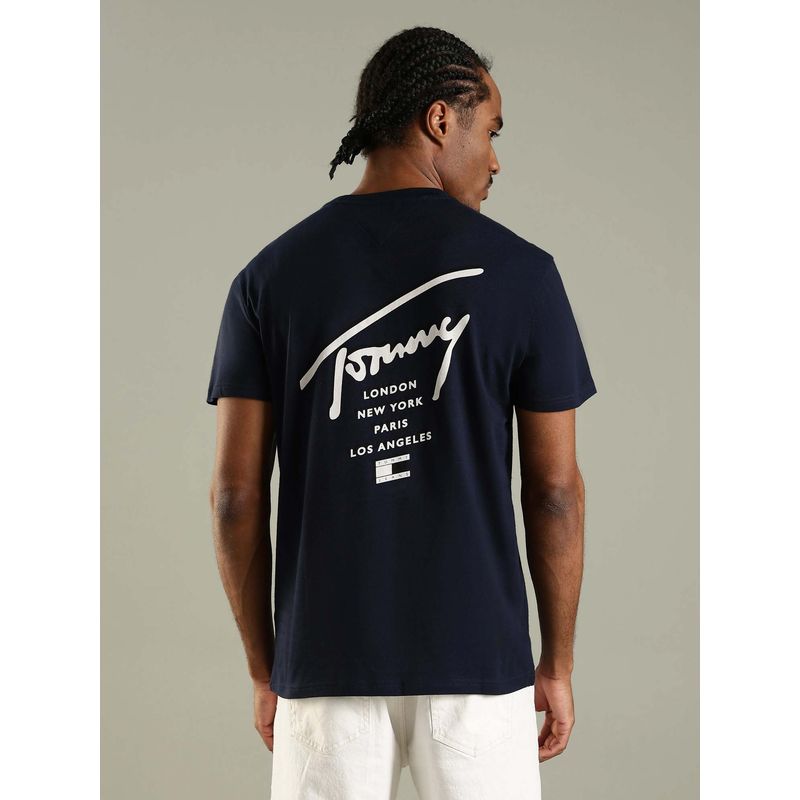 Tommy Hilfiger Navy Blue Logo Printed Regular Fit Cotton T-Shirt (M)