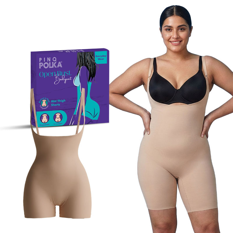PINQ Polka Bodyshaper Open Bust Bodysuit Shorts Tummy - Easy-Pee Access (Nude) - XL