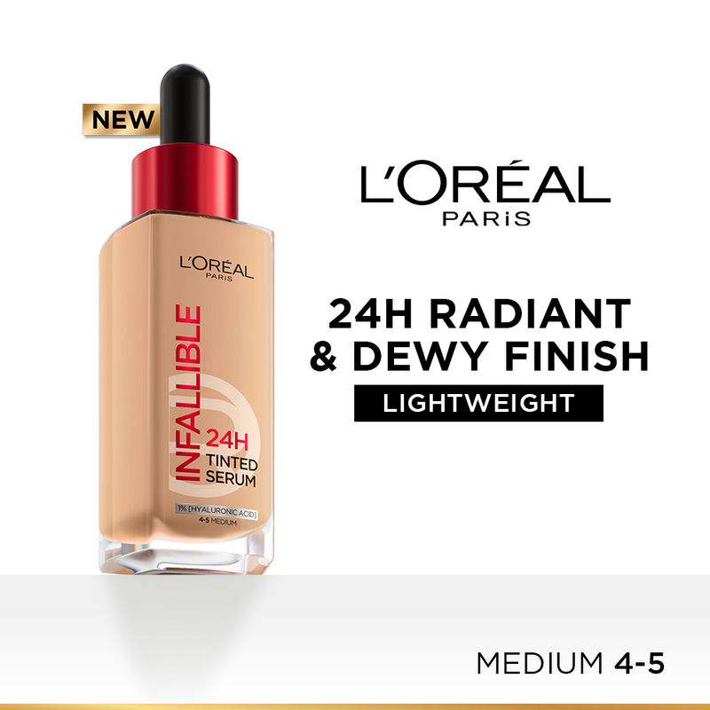 L’Oreal Paris Infallible 24H Tinted Serum Foundation, Lightweight, Dewy & Radiant - Medium
