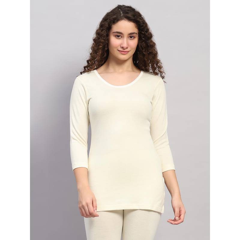 Monte Carlo Cream Women's Round Neck Three Fourth Sleeve Thermal Top (XS)