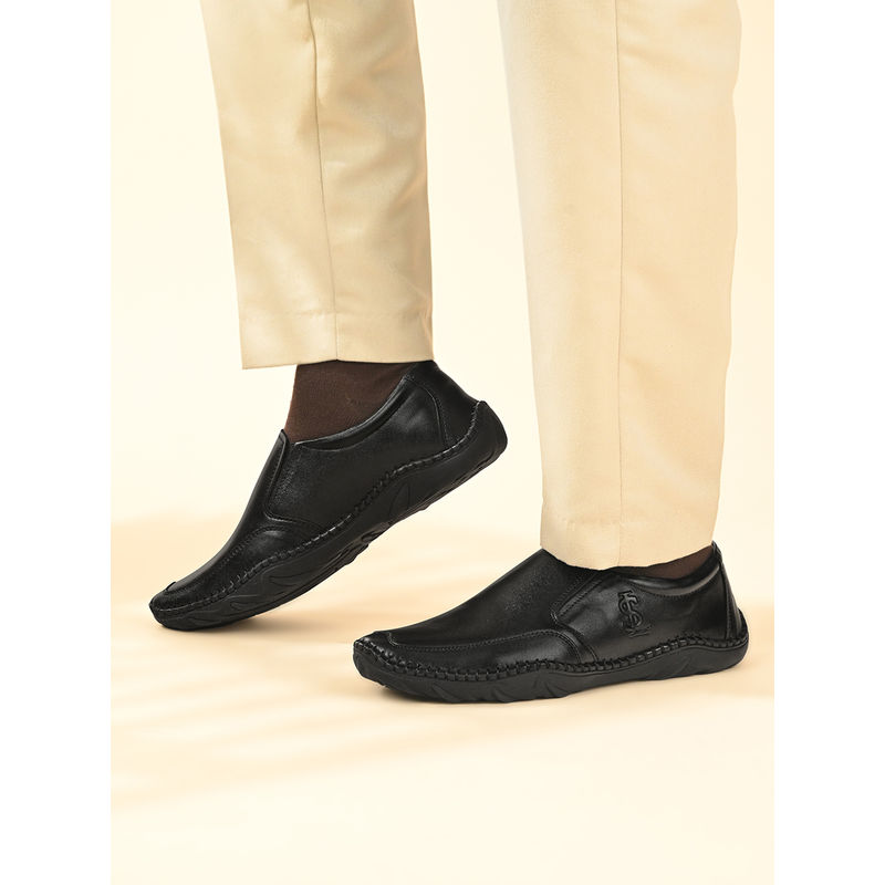 Louis Stitch Jet Black Genuine Leather Ultra Lightweight Slip-On Loafers (UK 7)