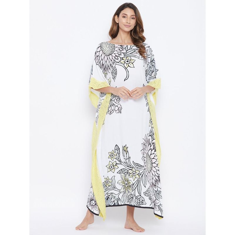 The Kaftan Company Printed Sunflowers And Lilies Resortwear Kaftan - White (XL)