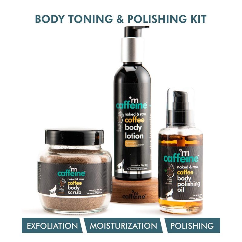 MCaffeine Body Toning & Polishing Kit - Coffee Body Massage Oil, Exfoliating Body Scrub & Body Lotion