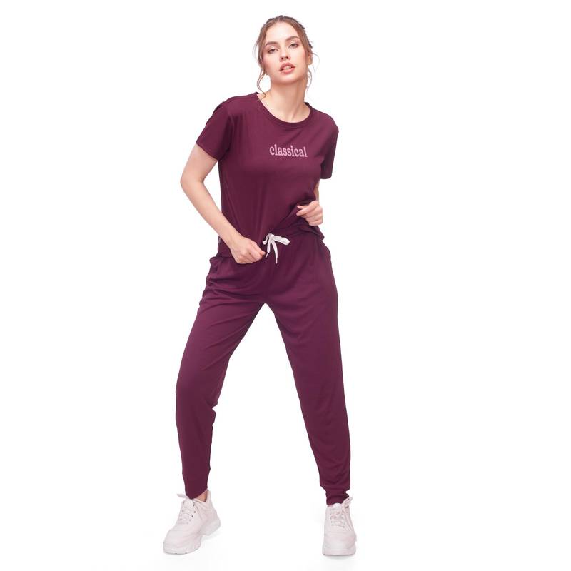 LOTIK Women's Nightsuit T-shirt and Joggers-Maroon (S)