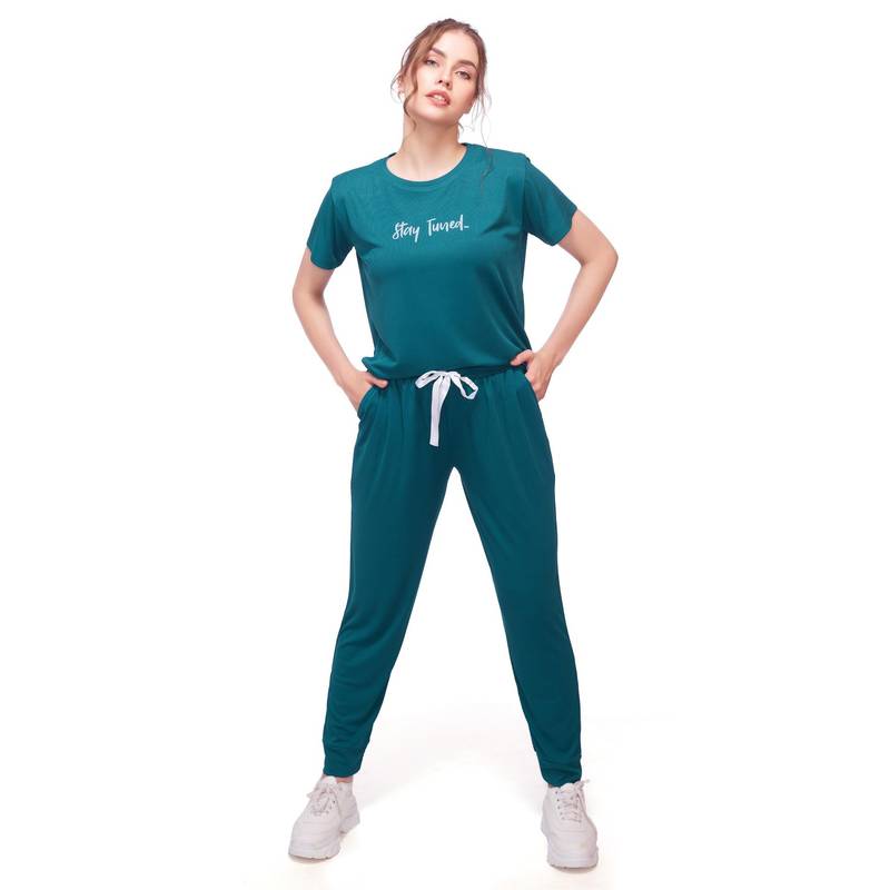LOTIK Women's Nightsuit T-shirt and Joggers-Teal (S)