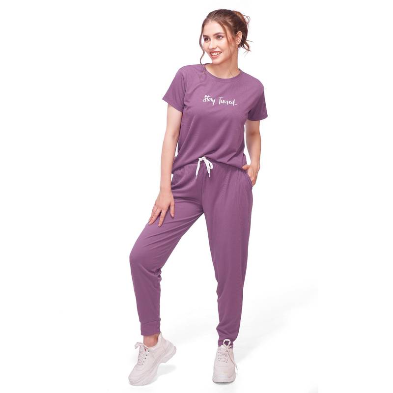 LOTIK Women's Nightsuit T-shirt and Joggers-Purple (S)