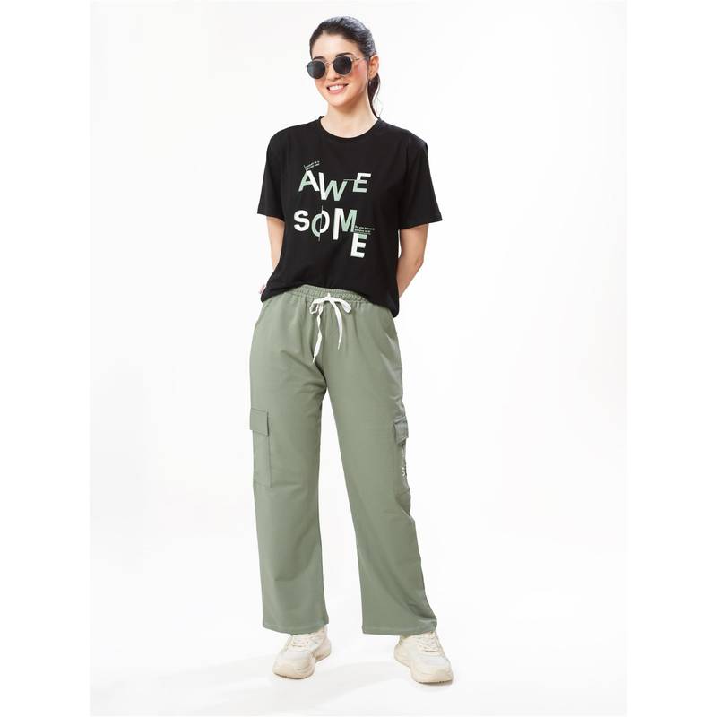 LOTIK Women's Cotton Cargo Track pant and T-Shirt (XL)