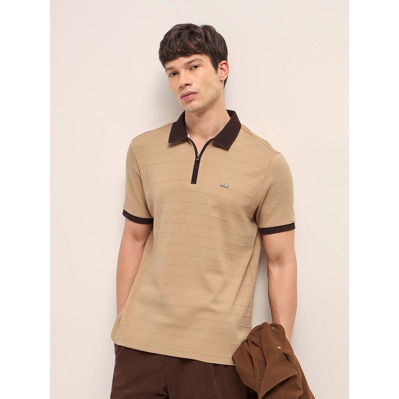 THE BEAR HOUSE Men'S Brown Cotton Textured Striped Regular Fit Polo T-Shirt (L)