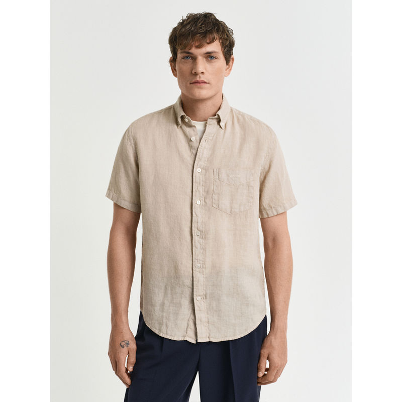 GANT Men Beige Button-Down Collar Short Sleeves Shirt (S)