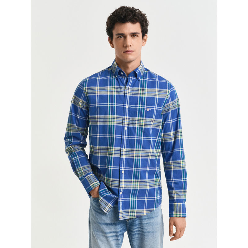 GANT Men Blue Button Down Collar Full Sleeve Tartan Check Classic Poplin Shirt (2XL)