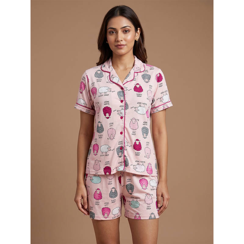 FABLUSH Peach Viscose Half Sleeves Printed Shirt With Shorts (2XL)